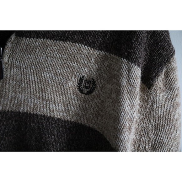 Chaps 1/4 Zip Pullover Sweater Men's XL Brown/Tan Striped Cotton Mock Neck Heavy - Picture 2 of 5